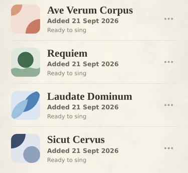 Four pieces in the library, each marked Ready to sing