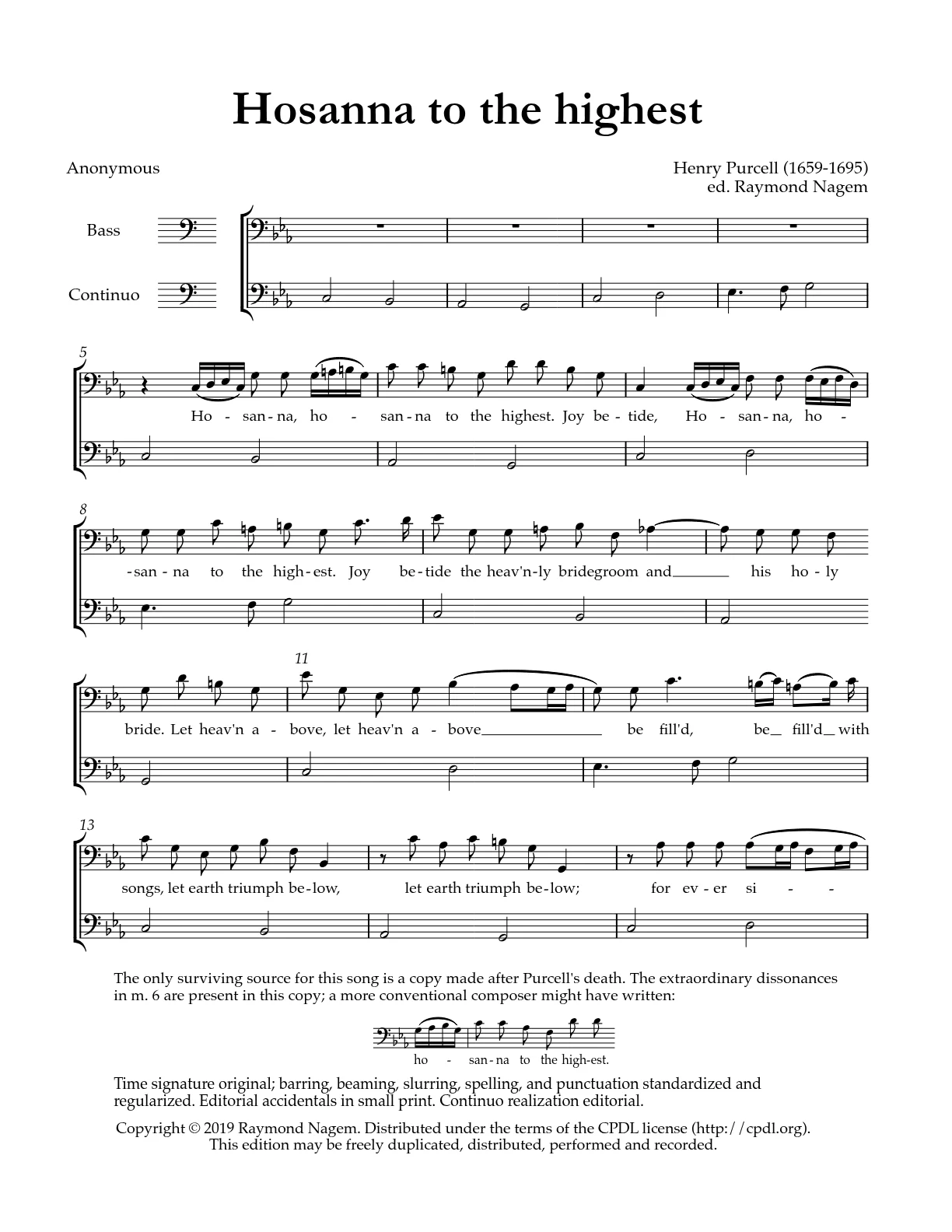 First page of Hosanna to the highest by Henry Purcell